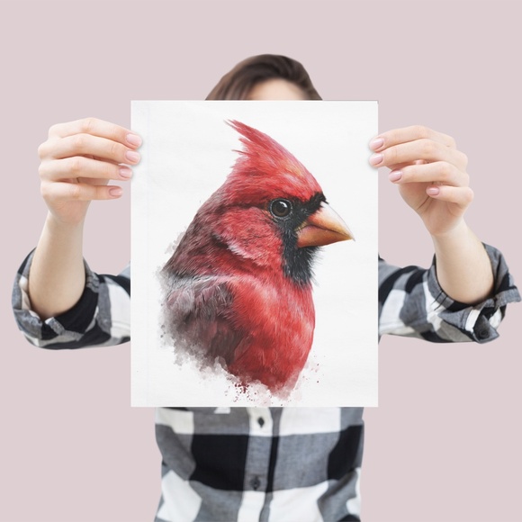 Watercolor Red Cardinal Bird Portrait Wall Art Print Unframed - Picture 4 of 6